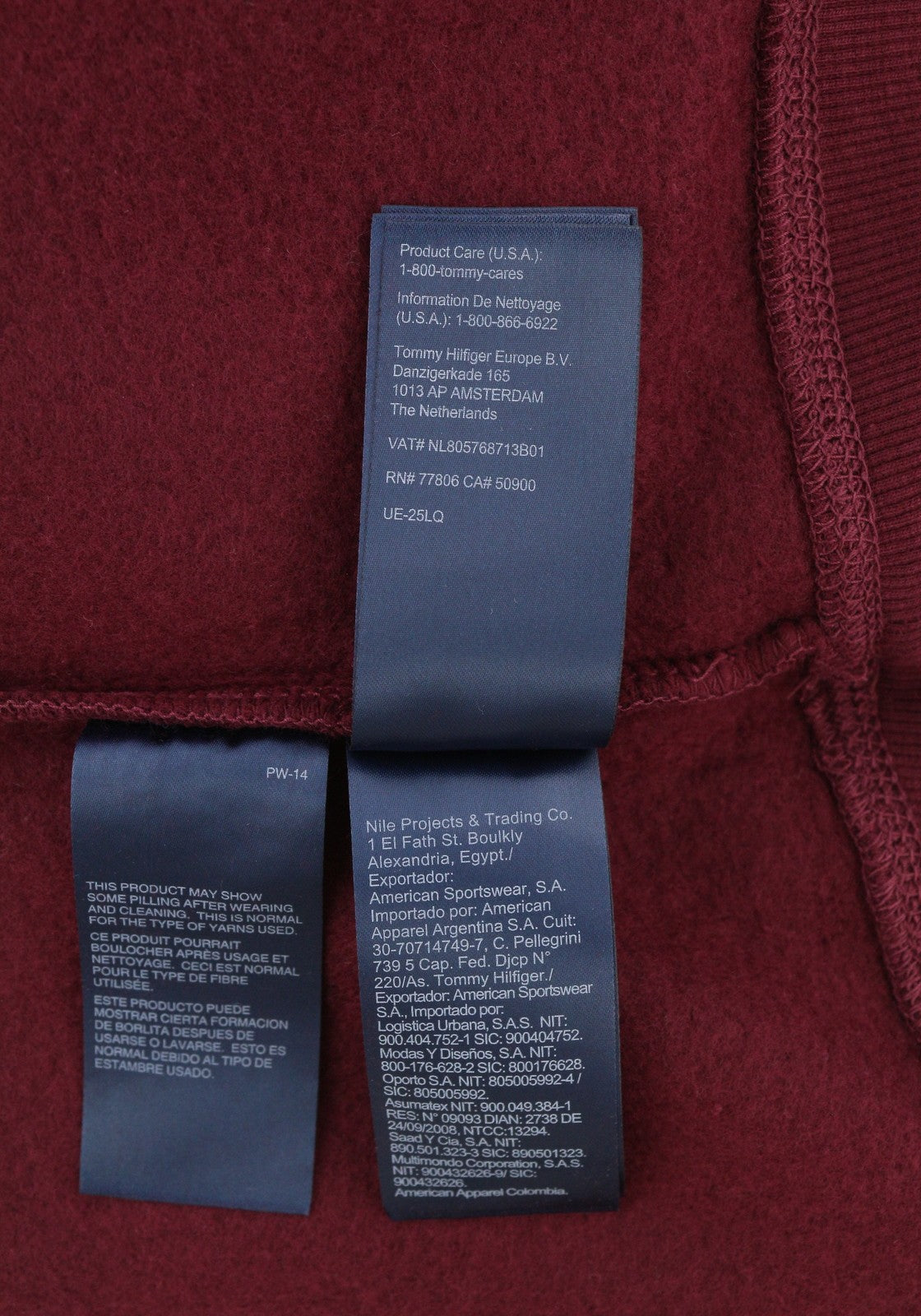 TOMMY HILFIGER Req Linear Men Sweatshirt L Burgundy Kangaroo Pocket Pullover