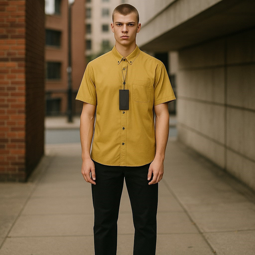 ANTONY MORATO Men Shirt L Mustard Button-Down Neck Patch Pocket Short Sleeved