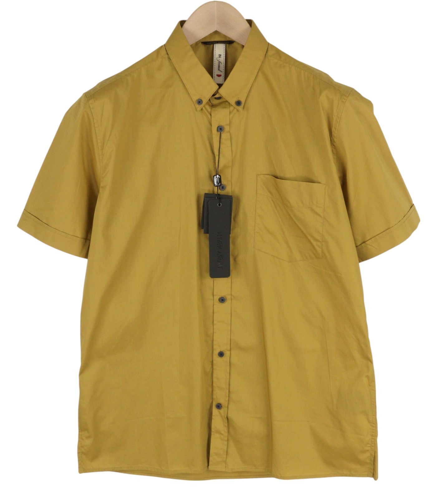 ANTONY MORATO Men Shirt L Mustard Button-Down Neck Patch Pocket Short Sleeved