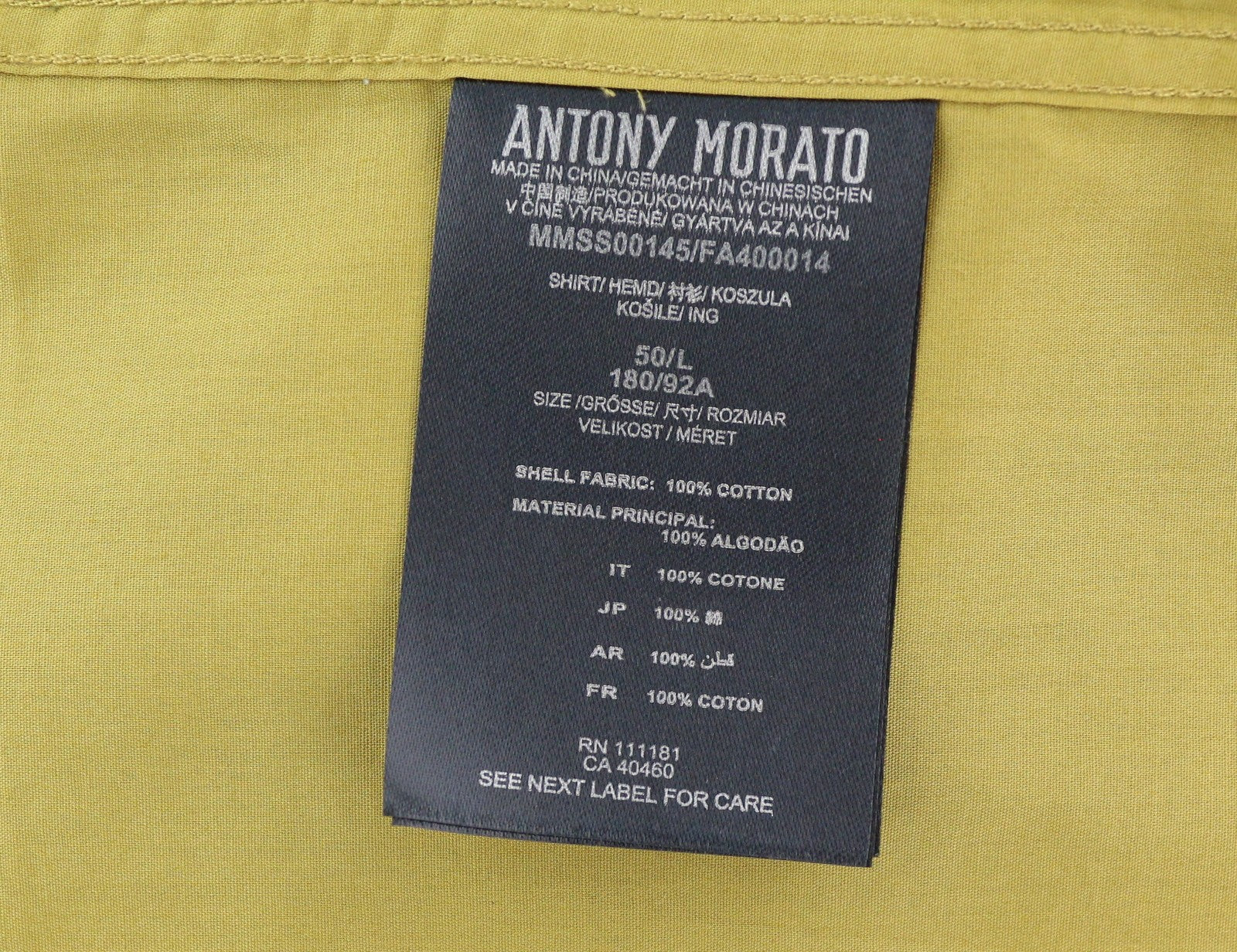 ANTONY MORATO Men Shirt L Mustard Button-Down Neck Patch Pocket Short Sleeved