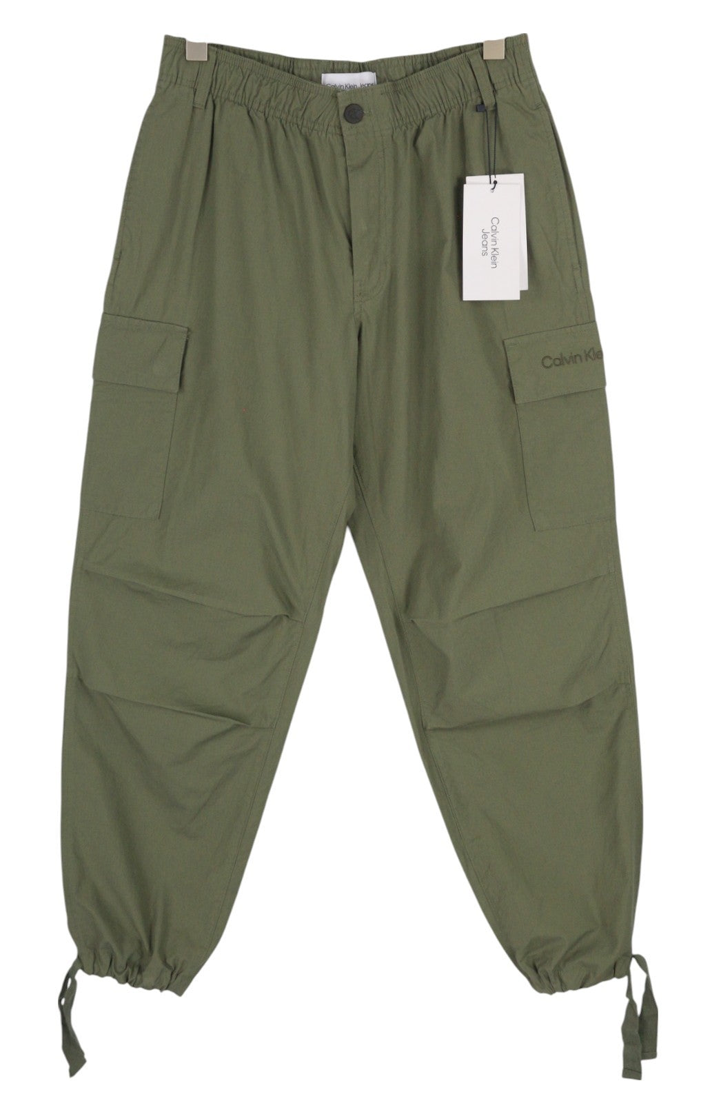 CALVIN KLEIN Essential Regular Men Trousers XS Green Cargo Elastic Waist Logo