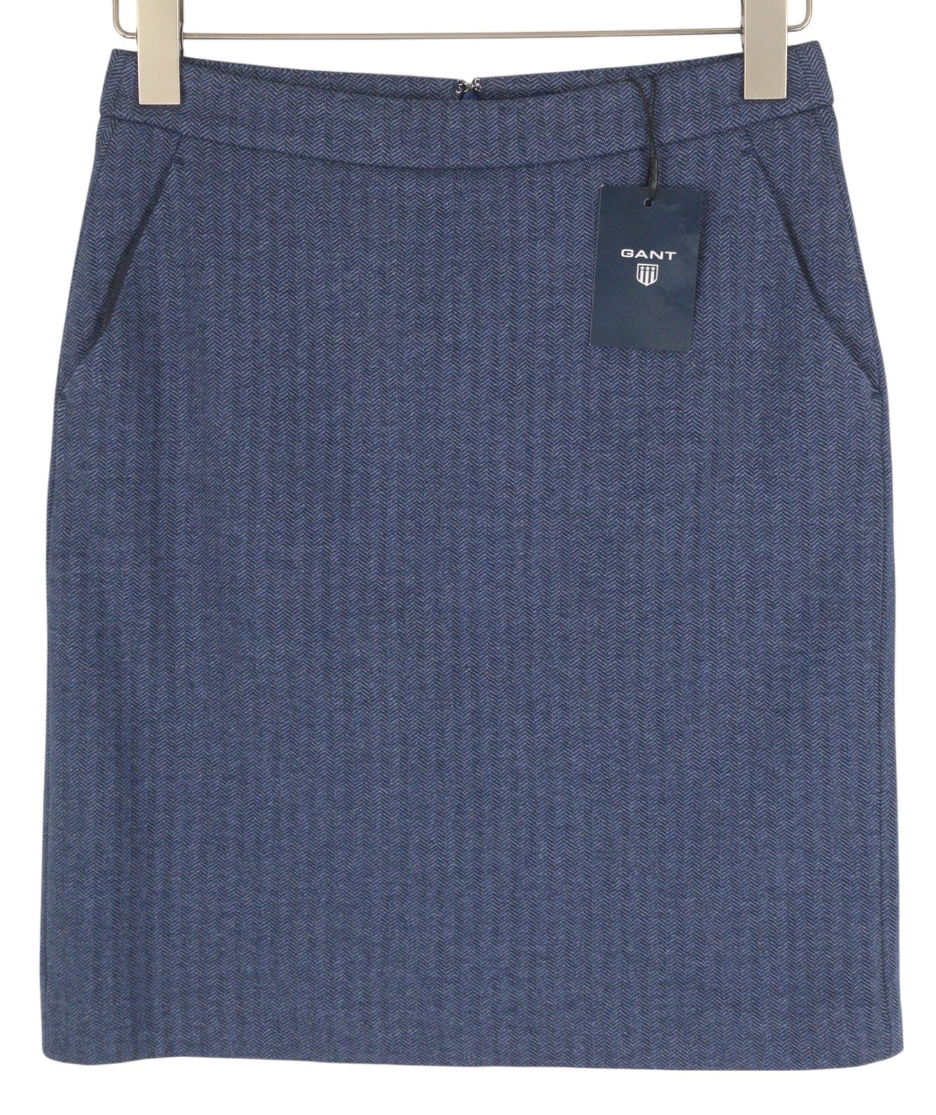 GANT Women Skirt EU36 Blue Herringbone Zipper Lined Pockets Logo Pencil Mini