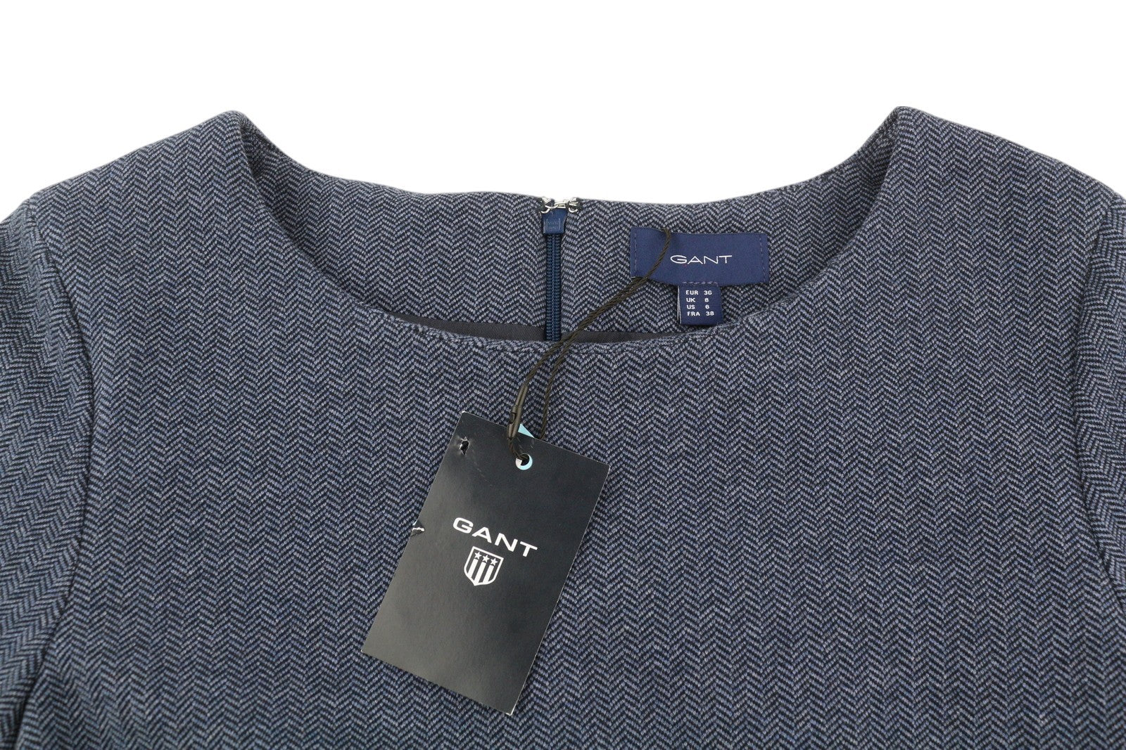 GANT Herringbone Jerse Women Dress EU36 Blue Round Neck Short Sleeve Knee-Length