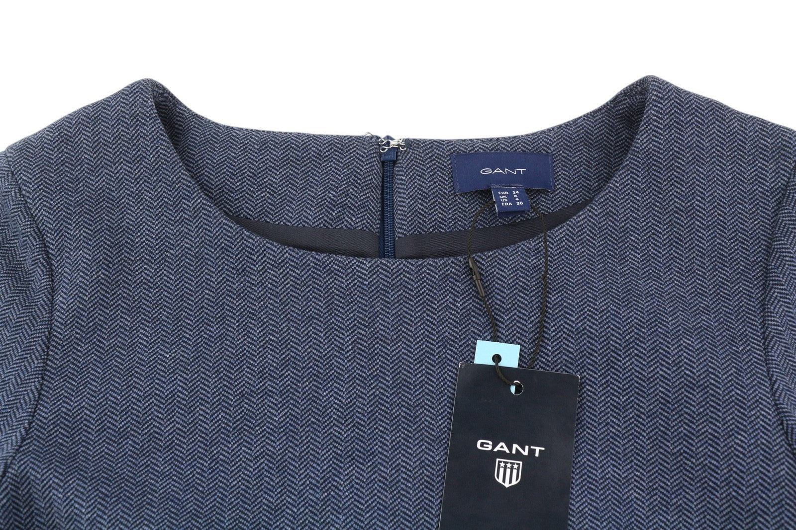 GANT Herringbone Jerse Women Dress EU34 Blue Round Neck Short Sleeve Knee-Length