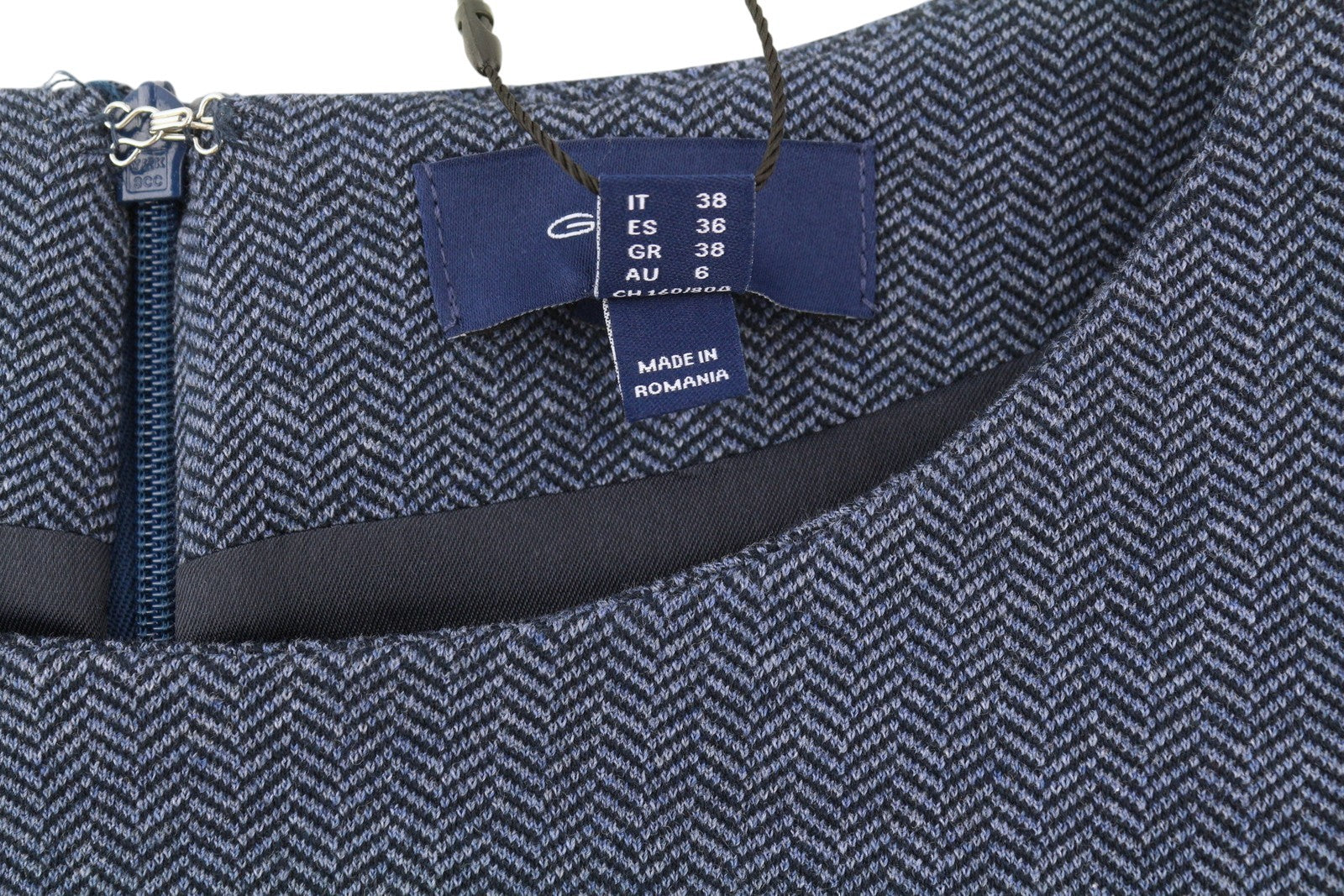 GANT Herringbone Jerse Women Dress EU34 Blue Round Neck Short Sleeve Knee-Length