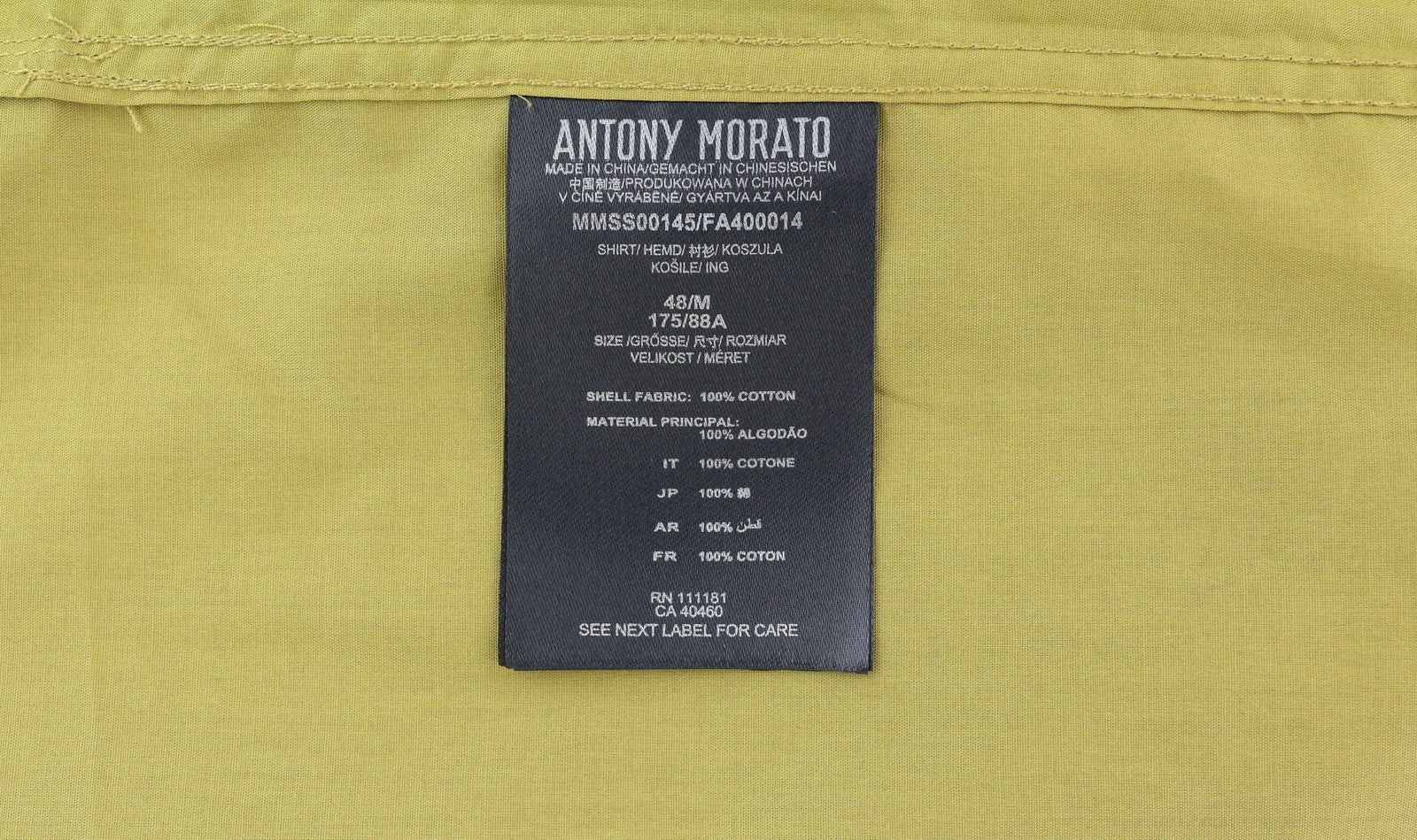 ANTONY MORATO Men Shirt M Mustard Button-Down Neck Patch Pocket Short Sleeved