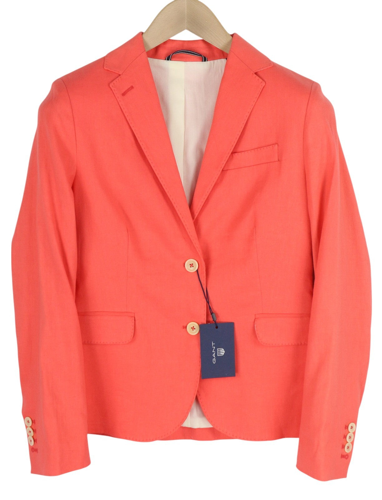 GANT Women Blazer EU34 Coral Linen Blend Notch Lapel Single-Breasted Logo Lined