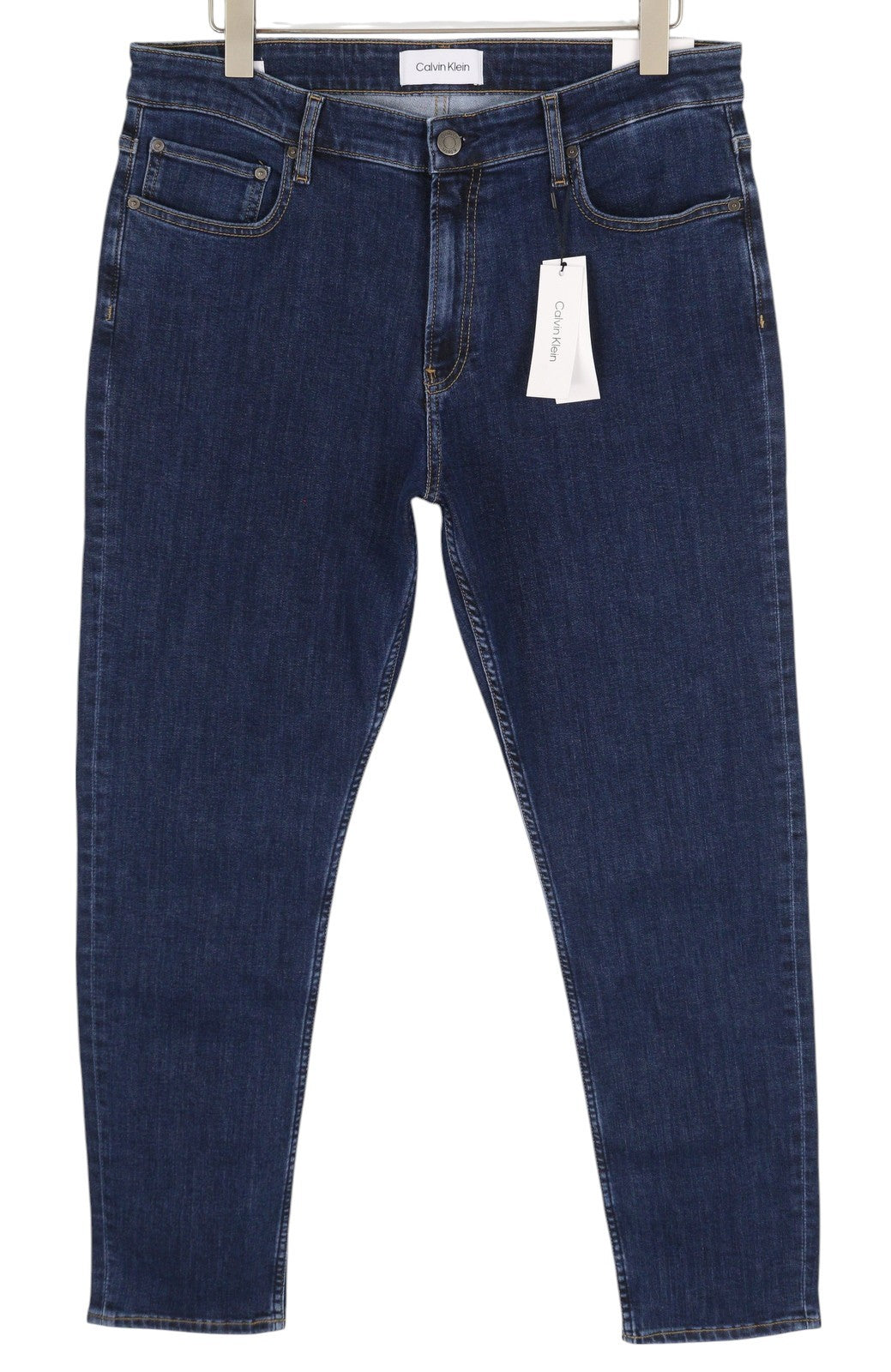 CALVIN KLEIN Men Jeans W34/L32 Dark Blue Tapered Fit Stretch Zip Fly Logo Denim