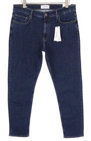 CALVIN KLEIN Men Jeans W34/L32 Dark Blue Tapered Fit Stretch Zip Fly Logo Denim