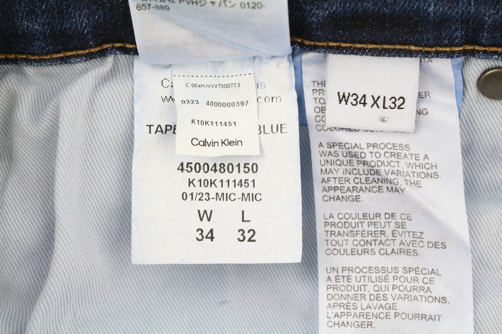 CALVIN KLEIN Men Jeans W34/L32 Dark Blue Tapered Fit Stretch Zip Fly Logo Denim