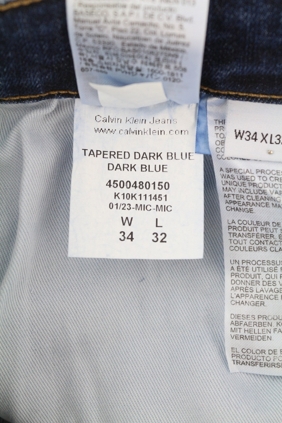 CALVIN KLEIN Men Jeans W34/L32 Dark Blue Tapered Fit Stretch Zip Fly Logo Denim