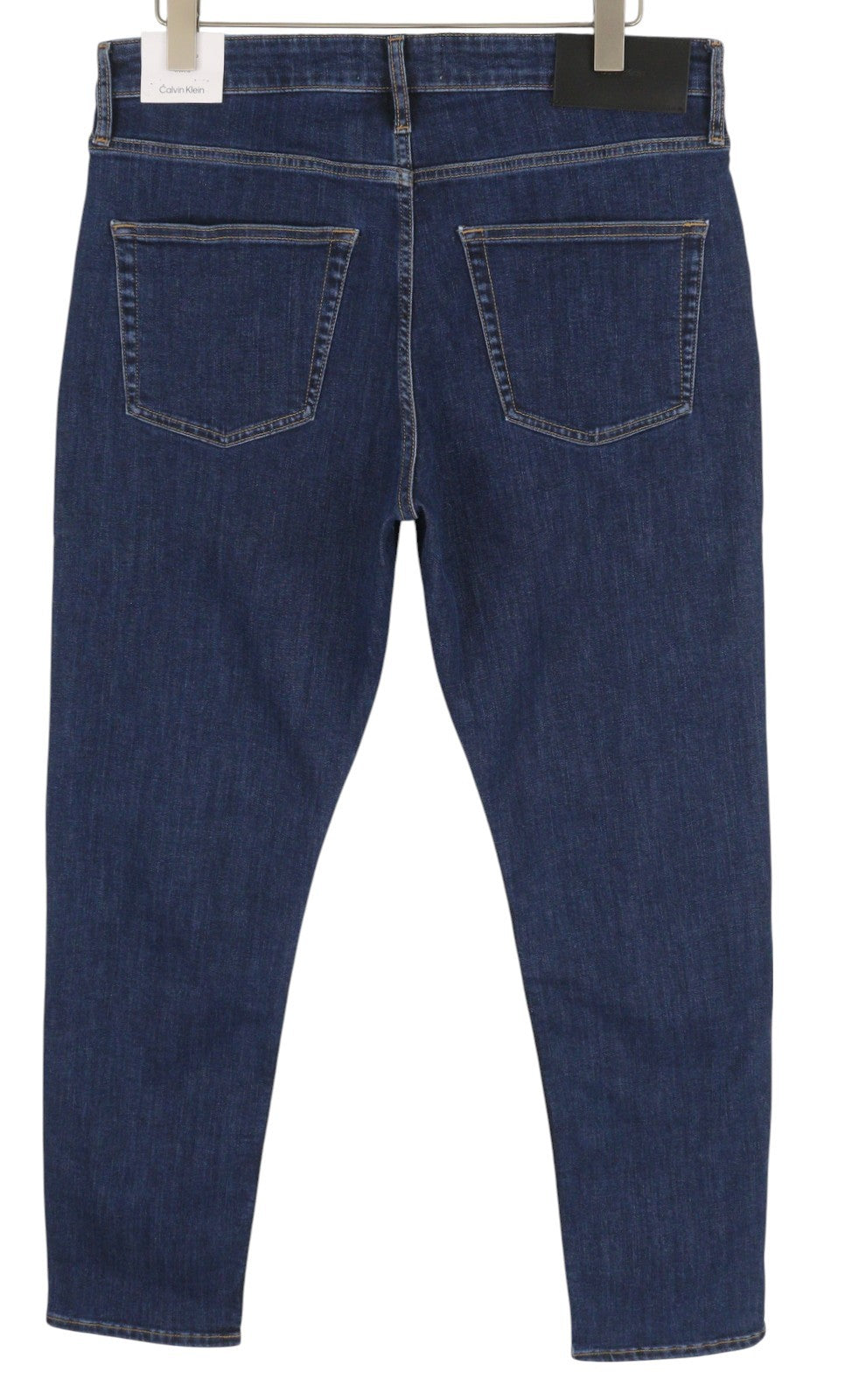 CALVIN KLEIN Men Jeans W34/L32 Dark Blue Tapered Fit Stretch Zip Fly Logo Denim