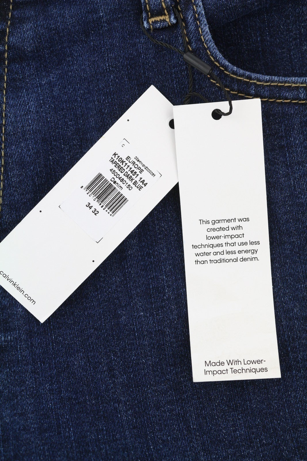 CALVIN KLEIN Men Jeans W34/L32 Dark Blue Tapered Fit Stretch Zip Fly Logo Denim