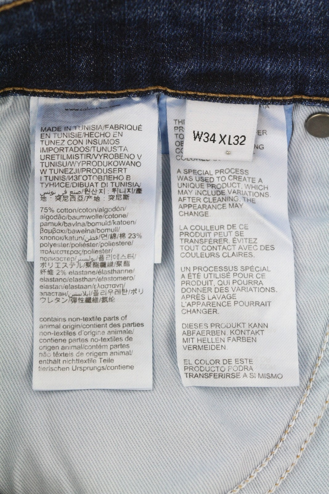 CALVIN KLEIN Men Jeans W34/L32 Dark Blue Tapered Fit Stretch Zip Fly Logo Denim