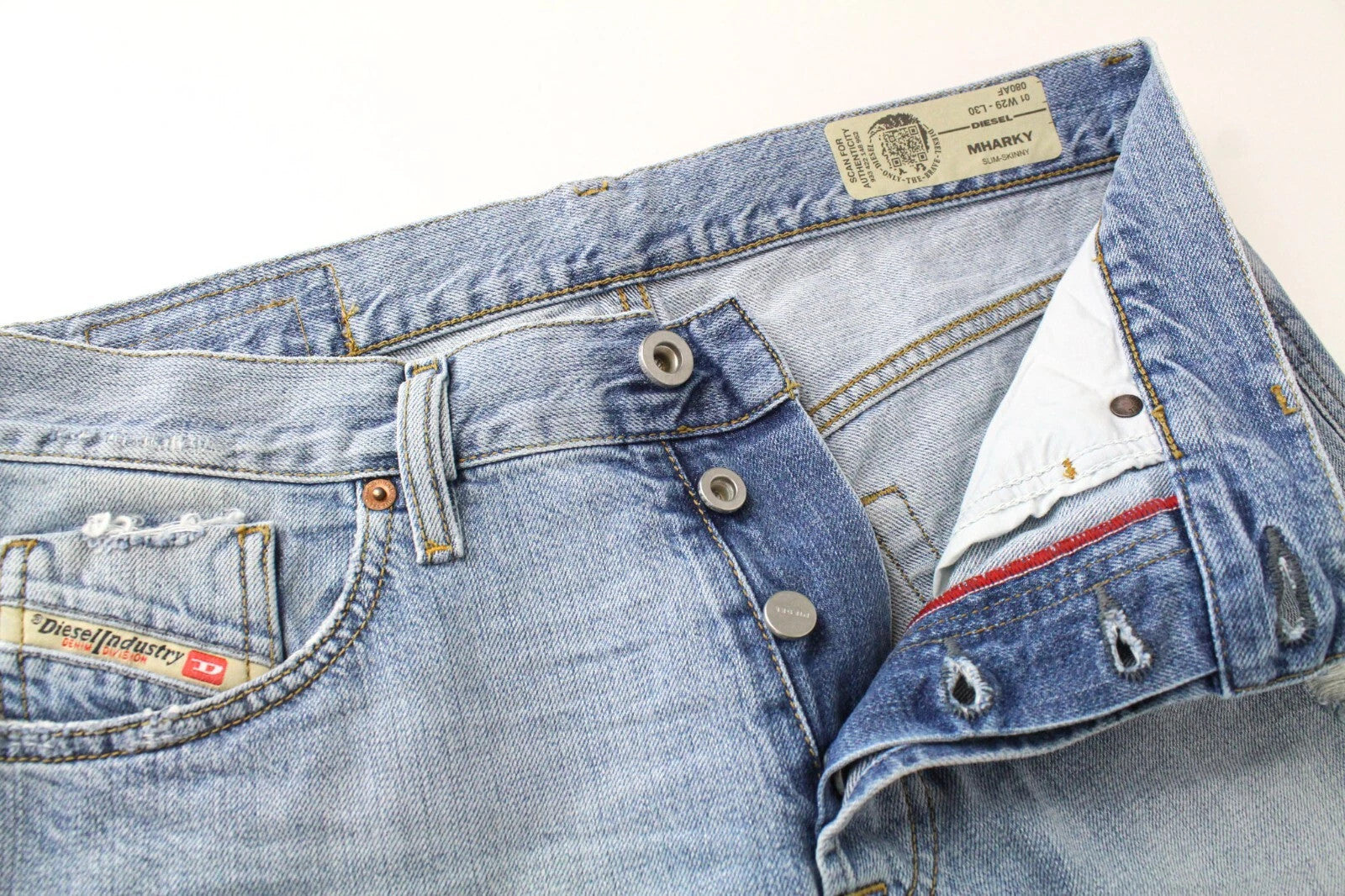 DIESEL Mharky 080AF Men's W29 L30 Distressed Blue Cotton Skinny Fit Jeans