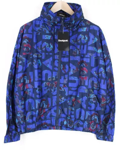 DESIGUAL Lex Women's UK12 Zipped Blue Patterned Lightweight Hoodie Jacket