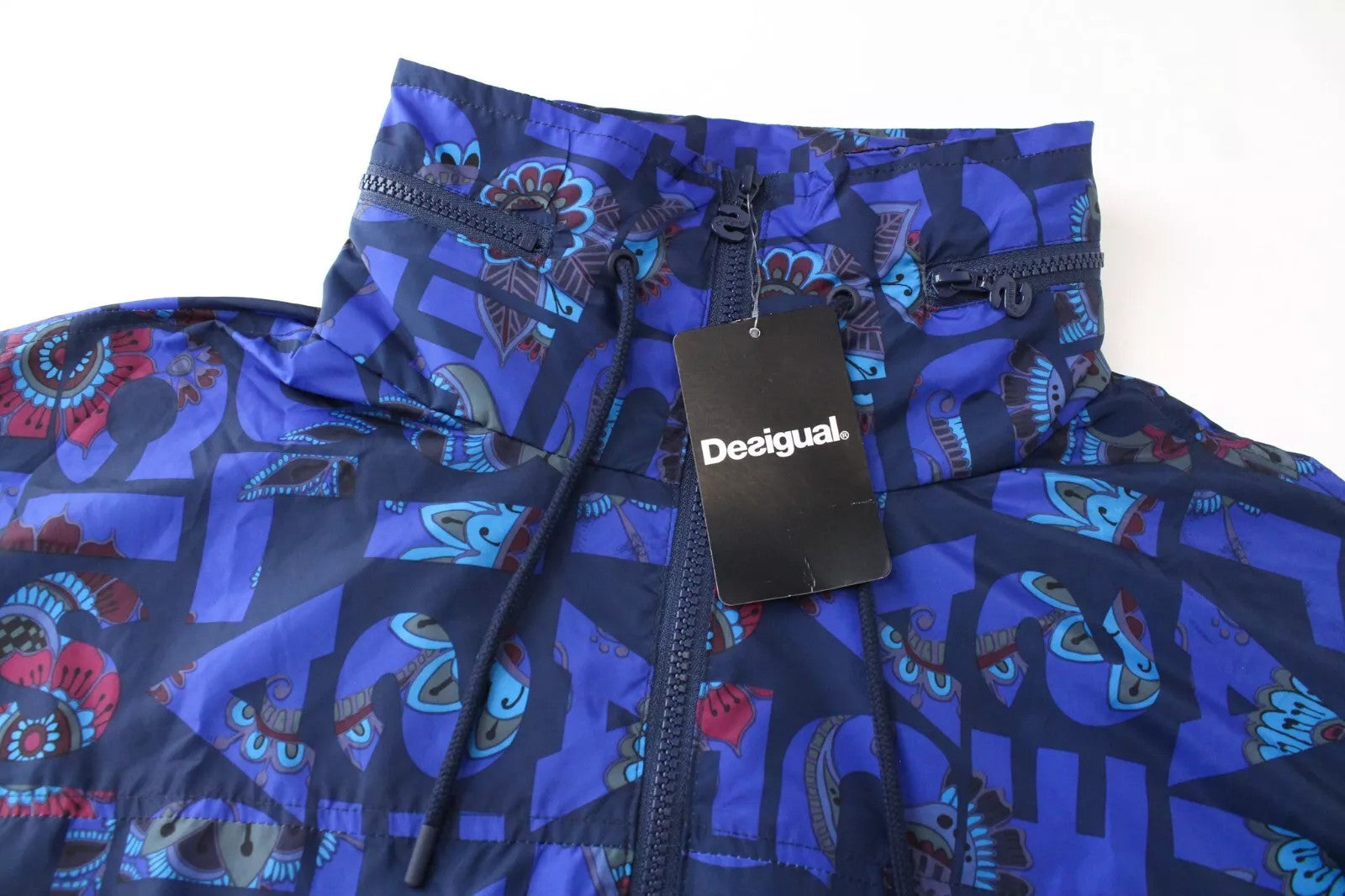 DESIGUAL Lex Women's UK12 Zipped Blue Patterned Lightweight Hoodie Jacket