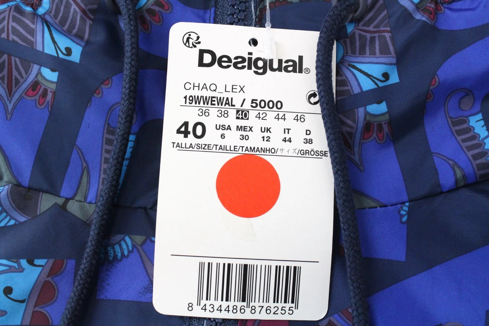 DESIGUAL Lex Women's UK12 Zipped Blue Patterned Lightweight Hoodie Jacket
