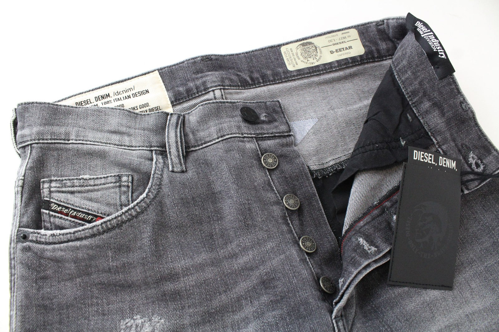 DIESEL D-Eetar 0890F Men's Jeans W27/L30 Grey Ripped Cotton Tapered Fit