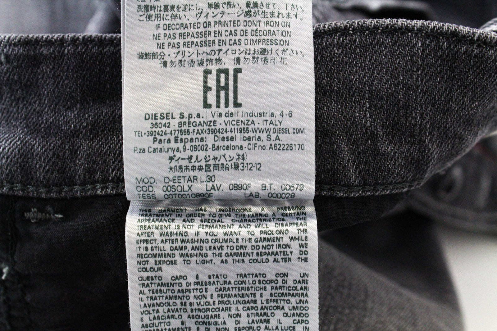 DIESEL D-Eetar 0890F Men's Jeans W27/L30 Grey Ripped Cotton Tapered Fit