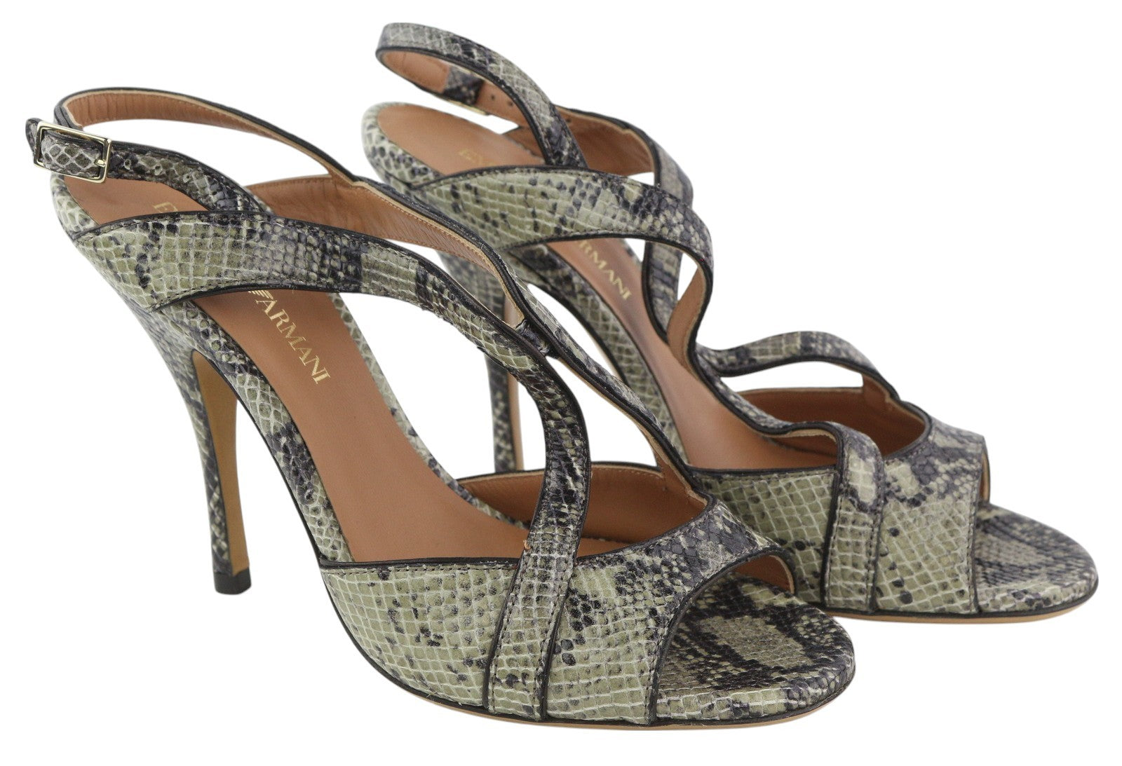 EMPORIO ARMANI Women Heels EU37 Green Leather Snake Print Buckle Pumps Sandals