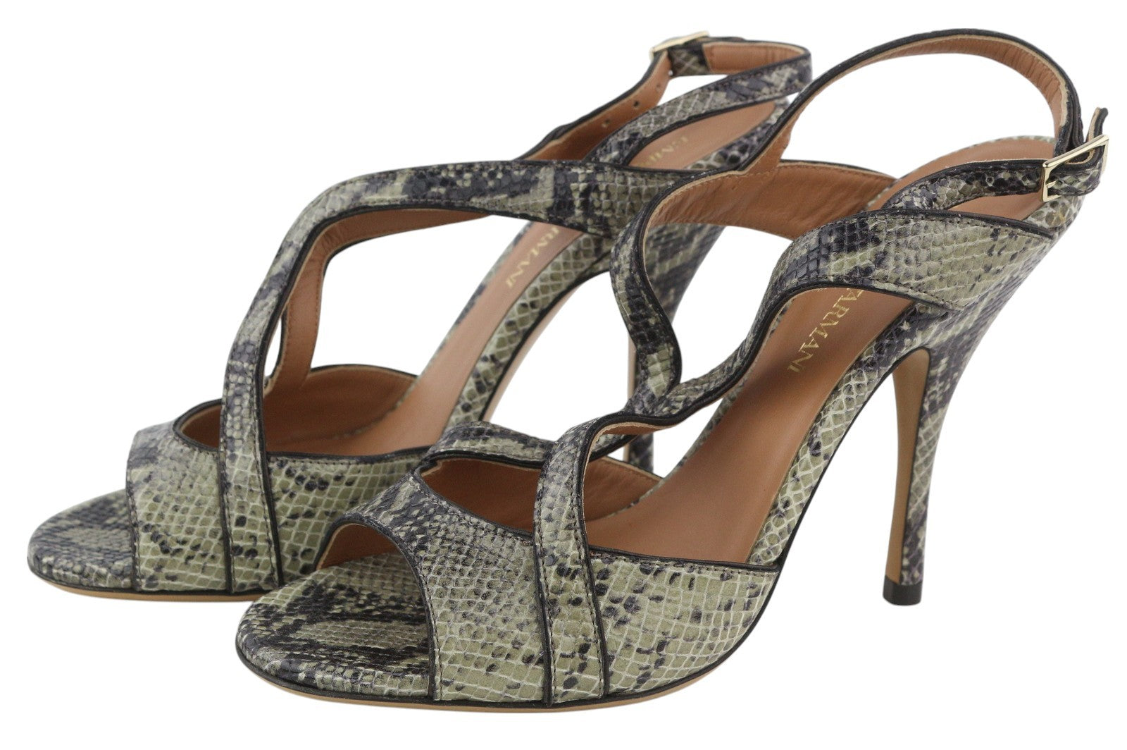 EMPORIO ARMANI Women Heels EU37 Green Leather Snake Print Buckle Pumps Sandals
