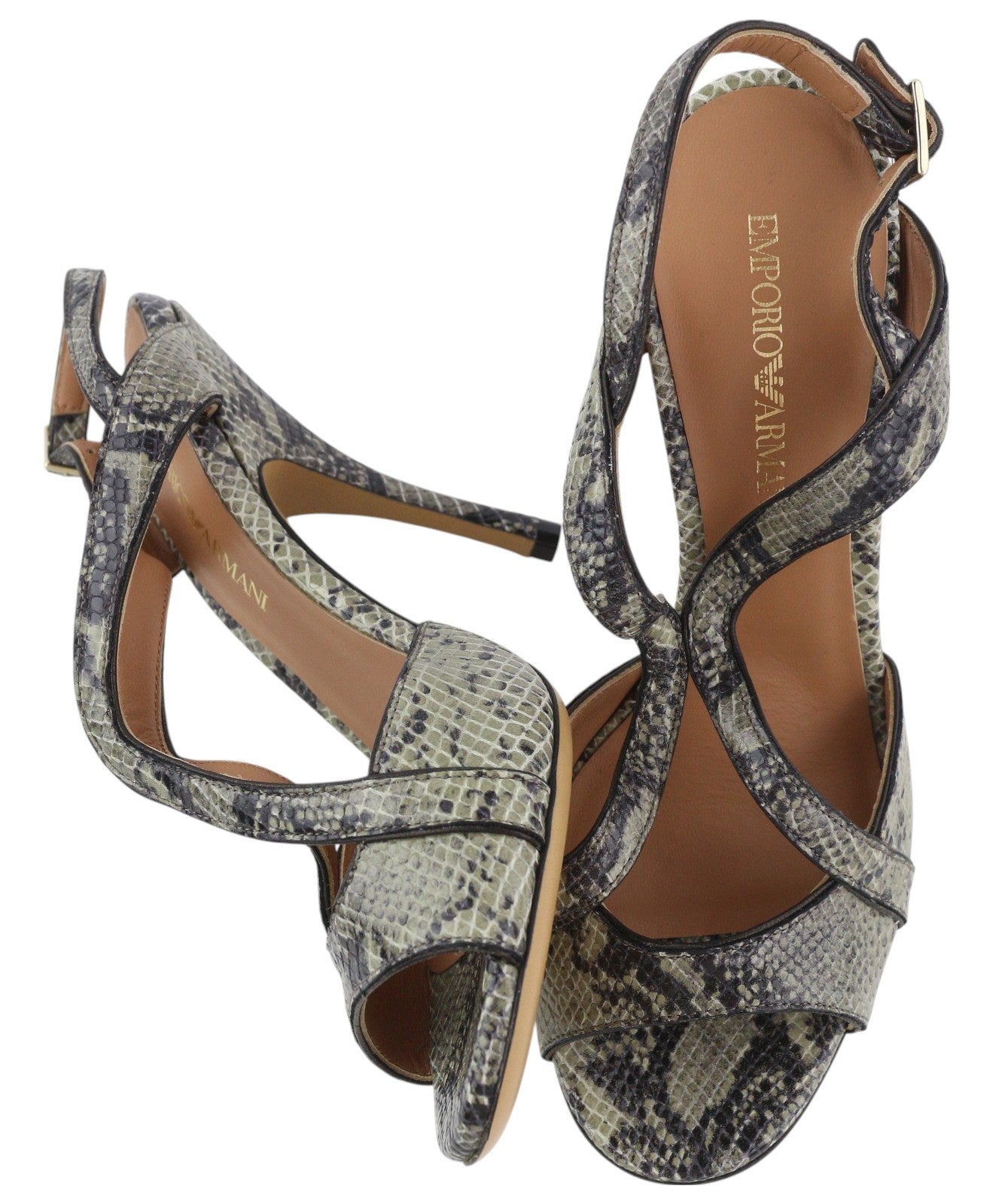 EMPORIO ARMANI Women Heels EU37 Green Leather Snake Print Buckle Pumps Sandals