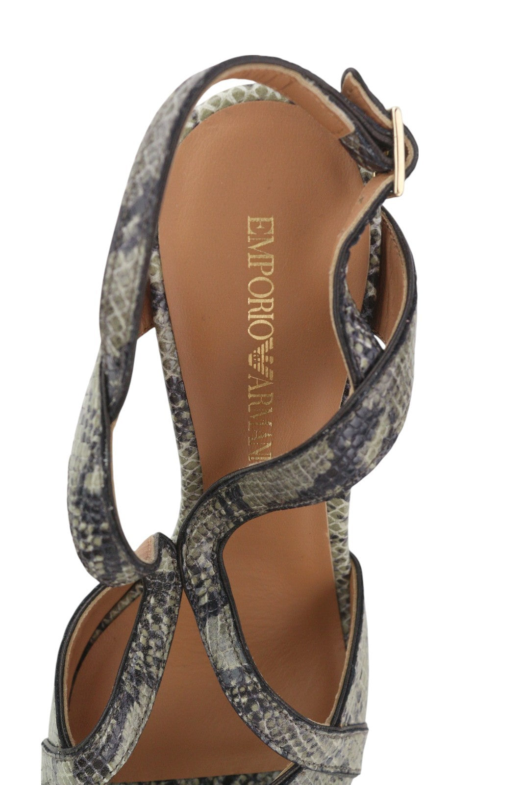 EMPORIO ARMANI Women Heels EU37 Green Leather Snake Print Buckle Pumps Sandals