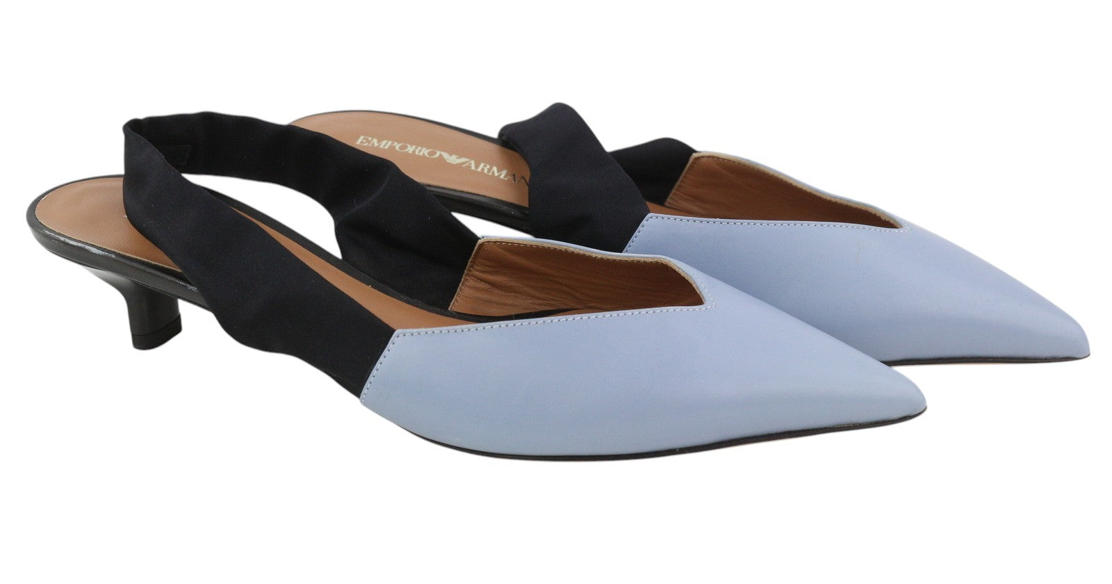 EMPORIO ARMANI Women Heels EU37 Blue Leather Pointed Toe Slip On Logo Casual