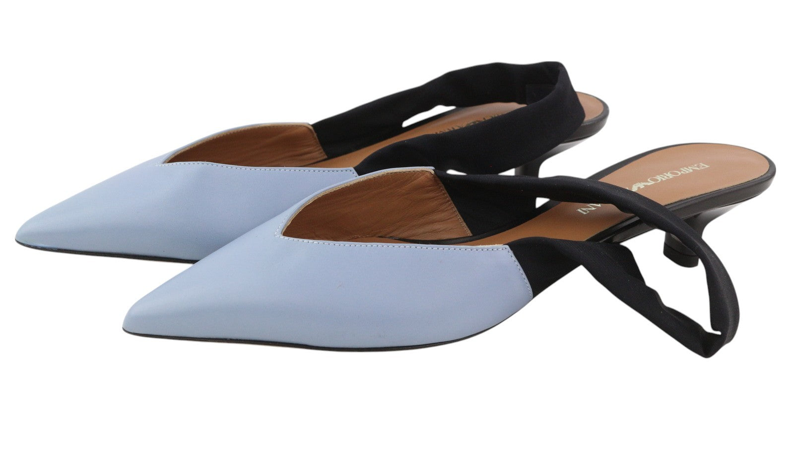 EMPORIO ARMANI Women Heels EU37 Blue Leather Pointed Toe Slip On Logo Casual