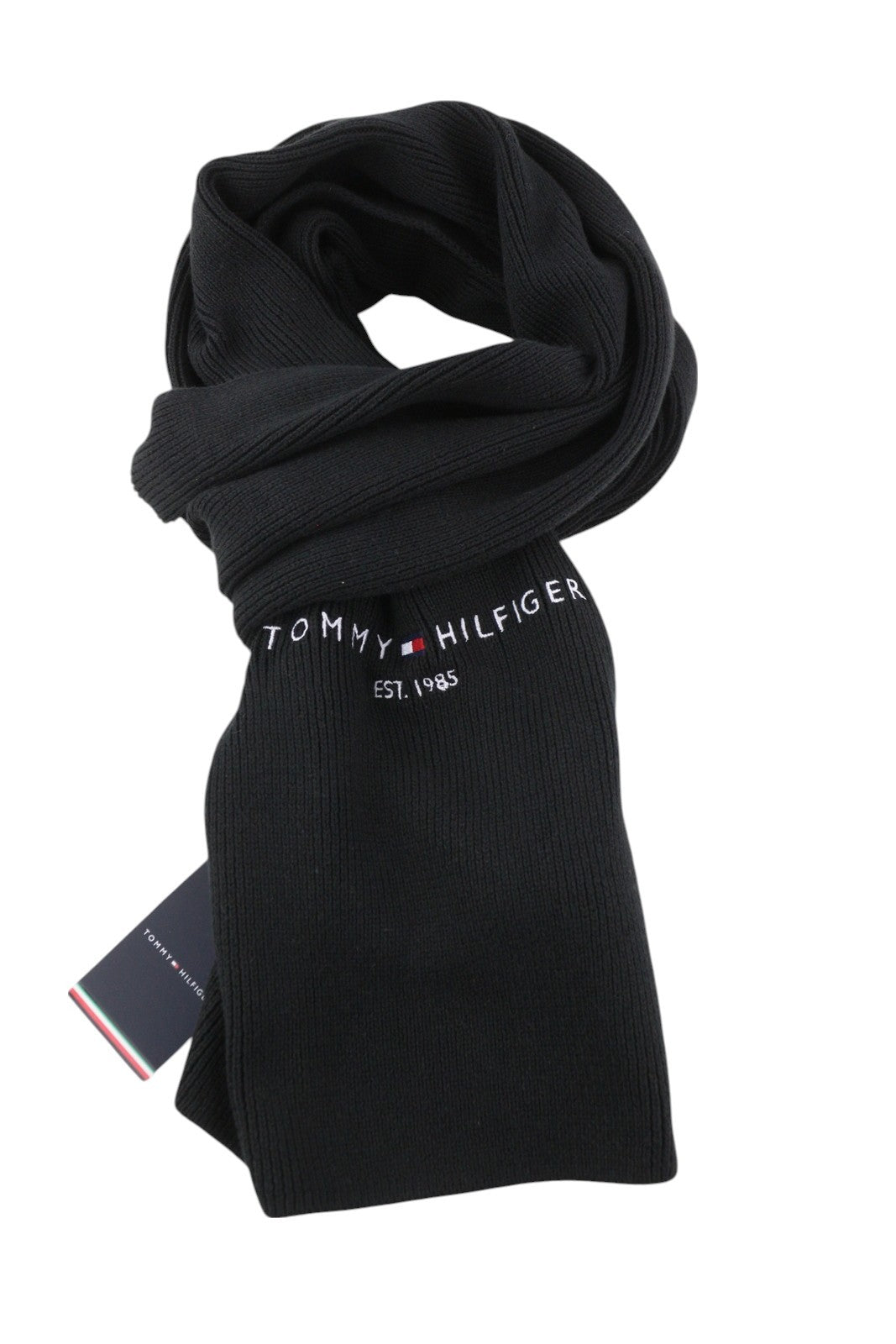 TOMMY HILFIGER Horizon Flat Knit Men Scarf OS Black Embroidered Logo Unisex