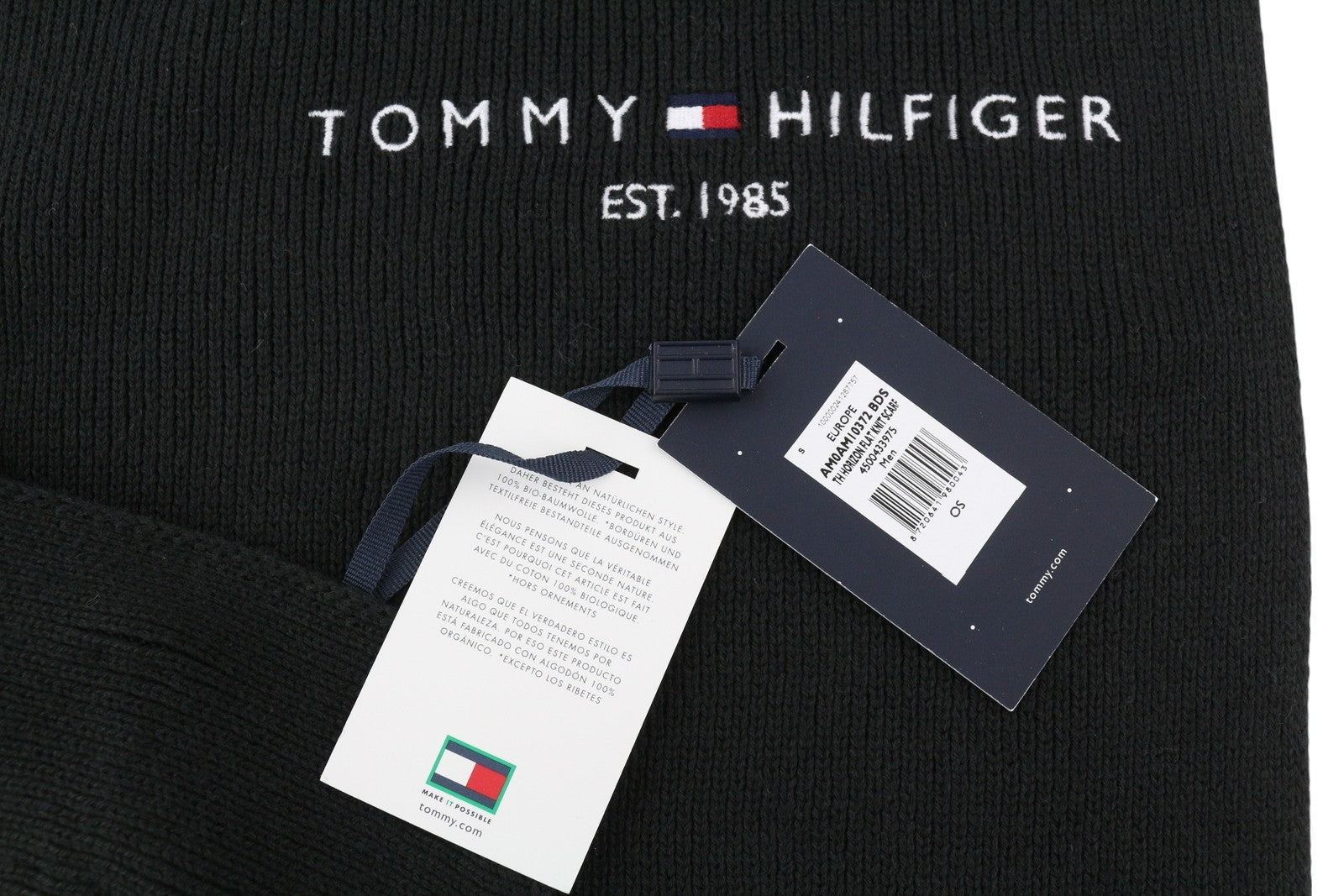 TOMMY HILFIGER Horizon Flat Knit Men Scarf OS Black Embroidered Logo Unisex