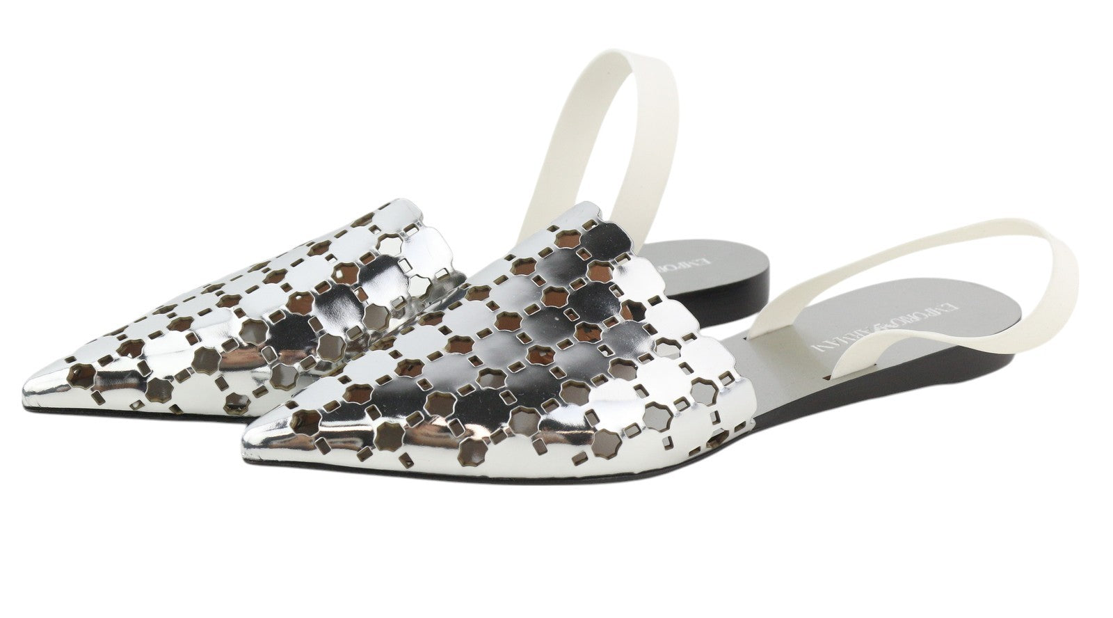 EMPORIO ARMANI X3D255 Women Flats EU37 Shiny Silver Slip On Pointed Toe Casual