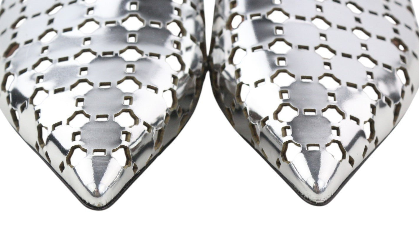 EMPORIO ARMANI X3D255 Women Flats EU37 Shiny Silver Slip On Pointed Toe Casual