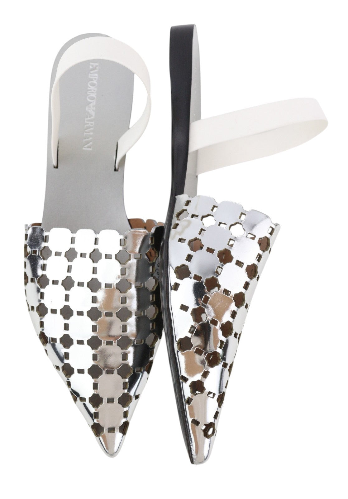 EMPORIO ARMANI X3D255 Women Flats EU37 Shiny Silver Slip On Pointed Toe Casual