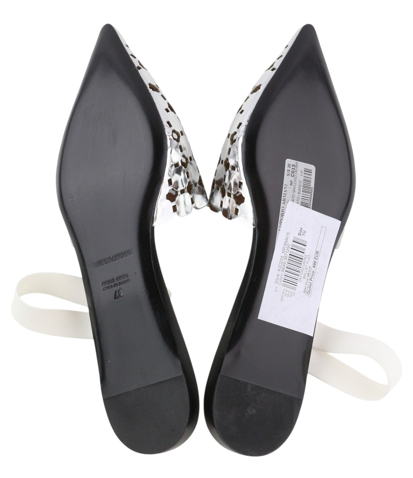 EMPORIO ARMANI X3D255 Women Flats EU37 Shiny Silver Slip On Pointed Toe Casual