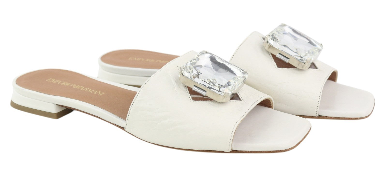 EMPORIO ARMANI Women Flats EU37 White Leather Shiny Crystal Open Toe Slip On