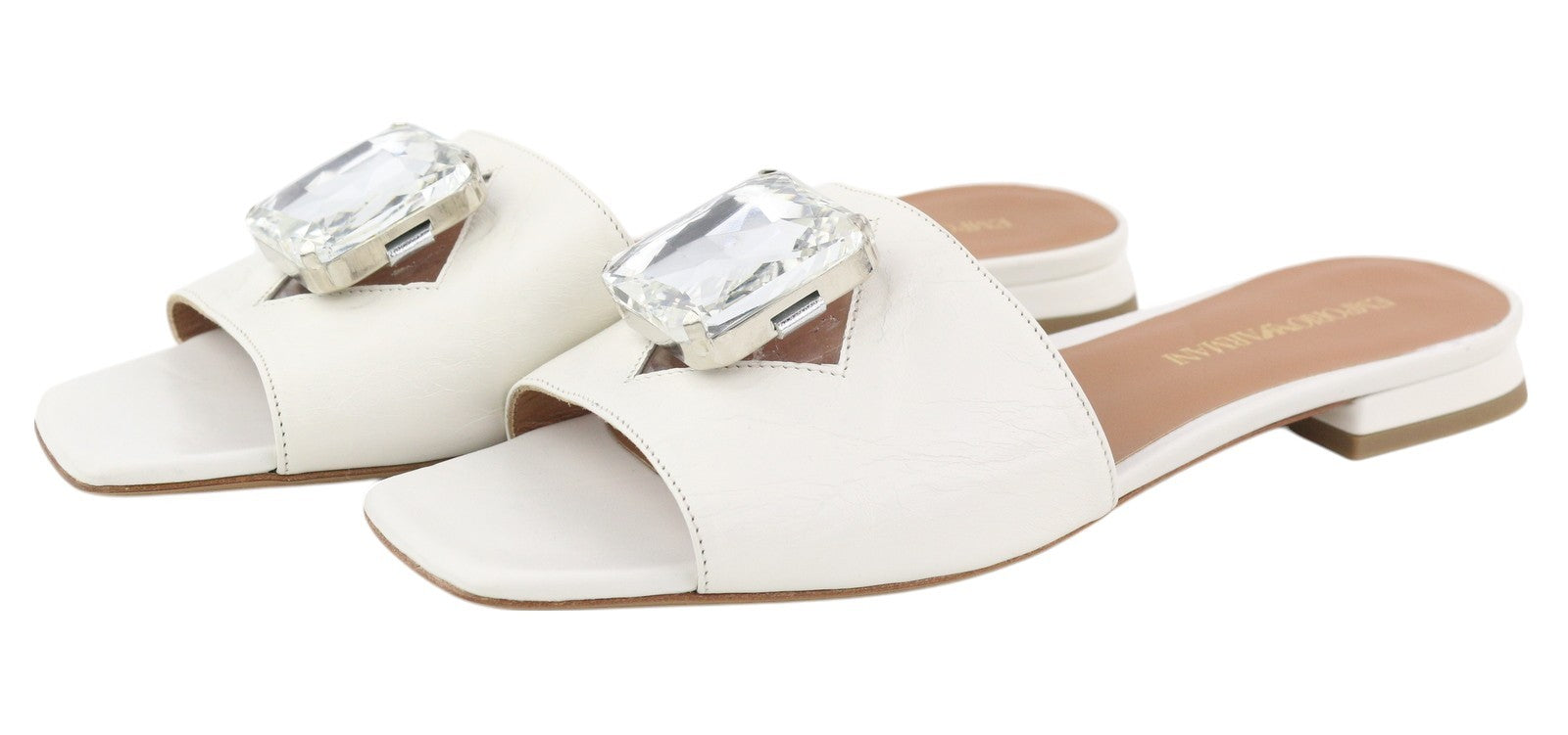 EMPORIO ARMANI Women Flats EU37 White Leather Shiny Crystal Open Toe Slip On