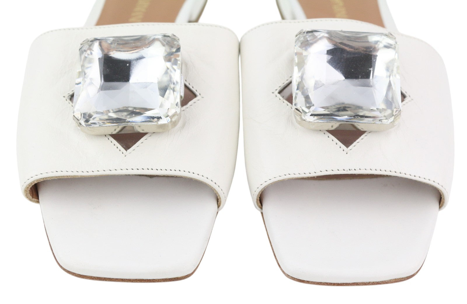 EMPORIO ARMANI Women Flats EU37 White Leather Shiny Crystal Open Toe Slip On