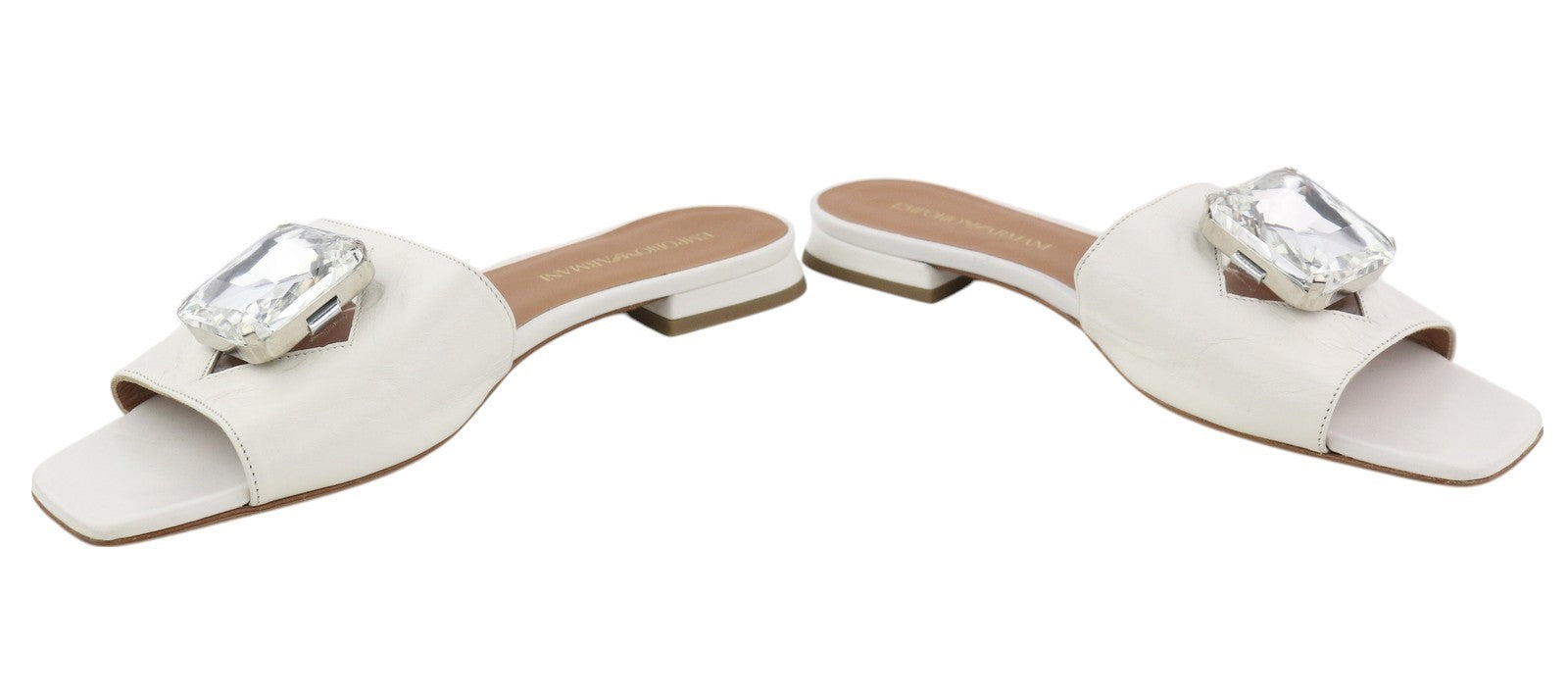 EMPORIO ARMANI Women Flats EU37 White Leather Shiny Crystal Open Toe Slip On