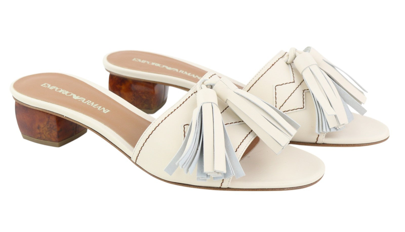 EMPORIO ARMANI X3P694 Women Flats EU37 White Leather Fringe Detail Slip On Heels