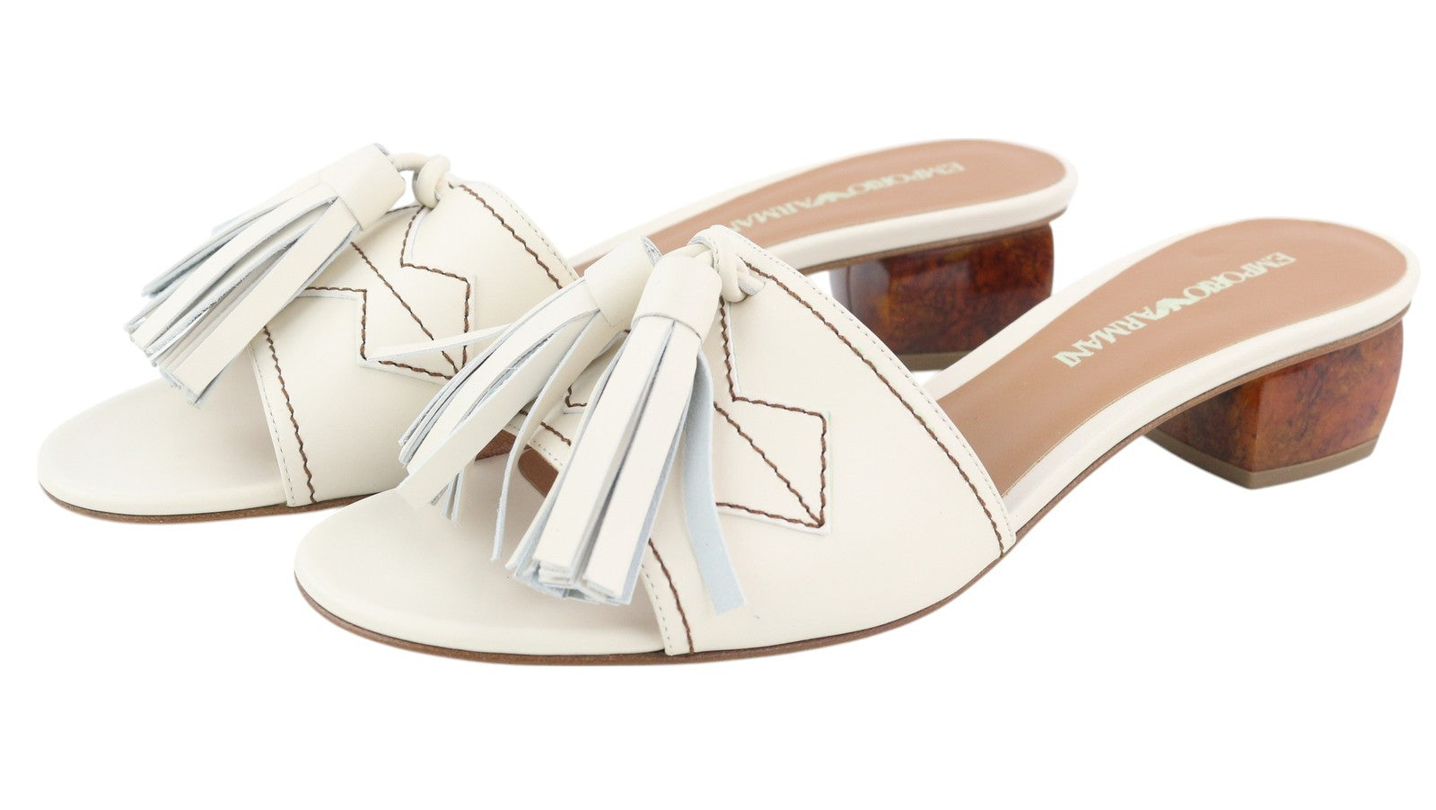 EMPORIO ARMANI X3P694 Women Flats EU37 White Leather Fringe Detail Slip On Heels