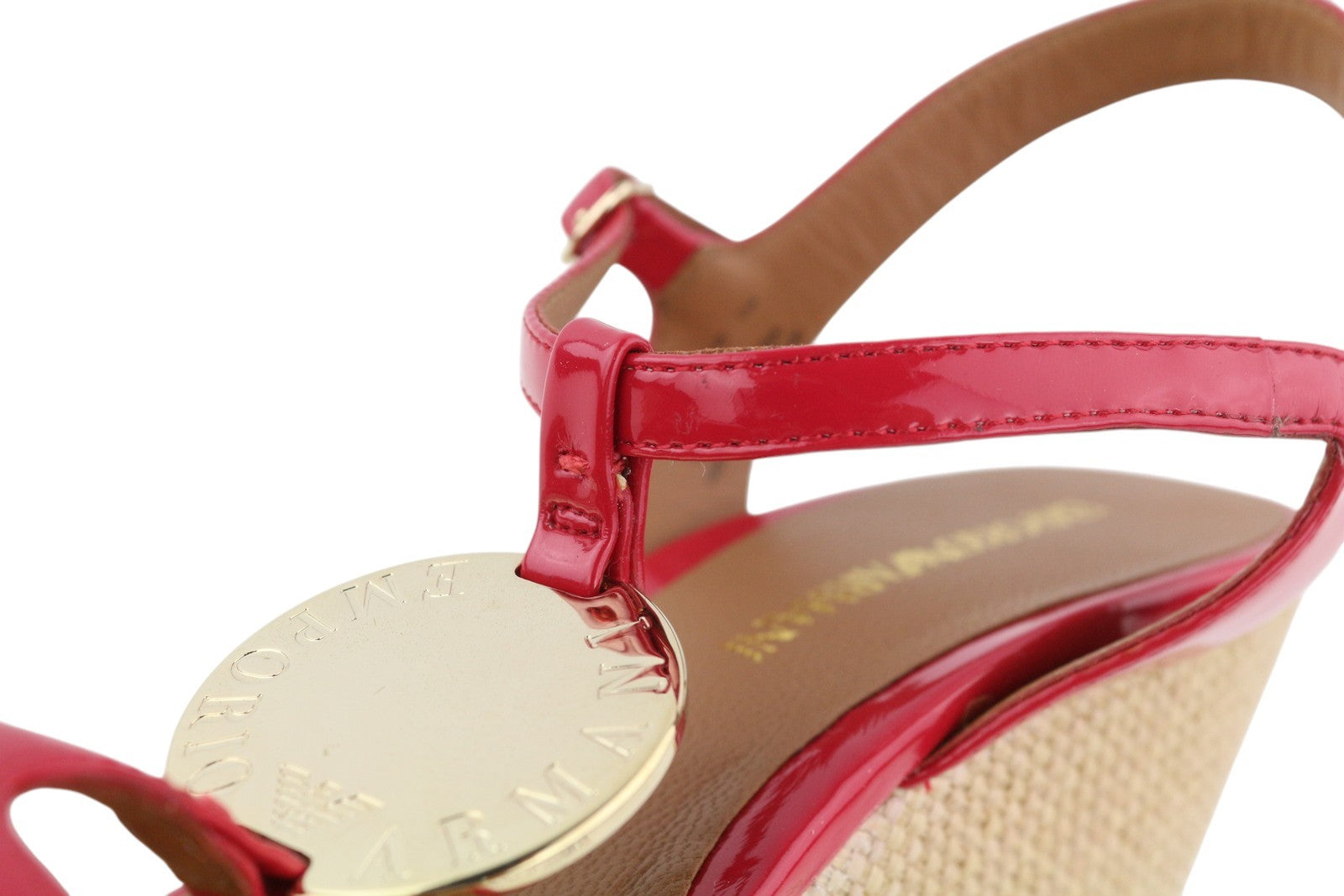 EMPORIO ARMANI X3U067 Women Sandals EU37 Red Patent Leather Wedge Heeled Casual