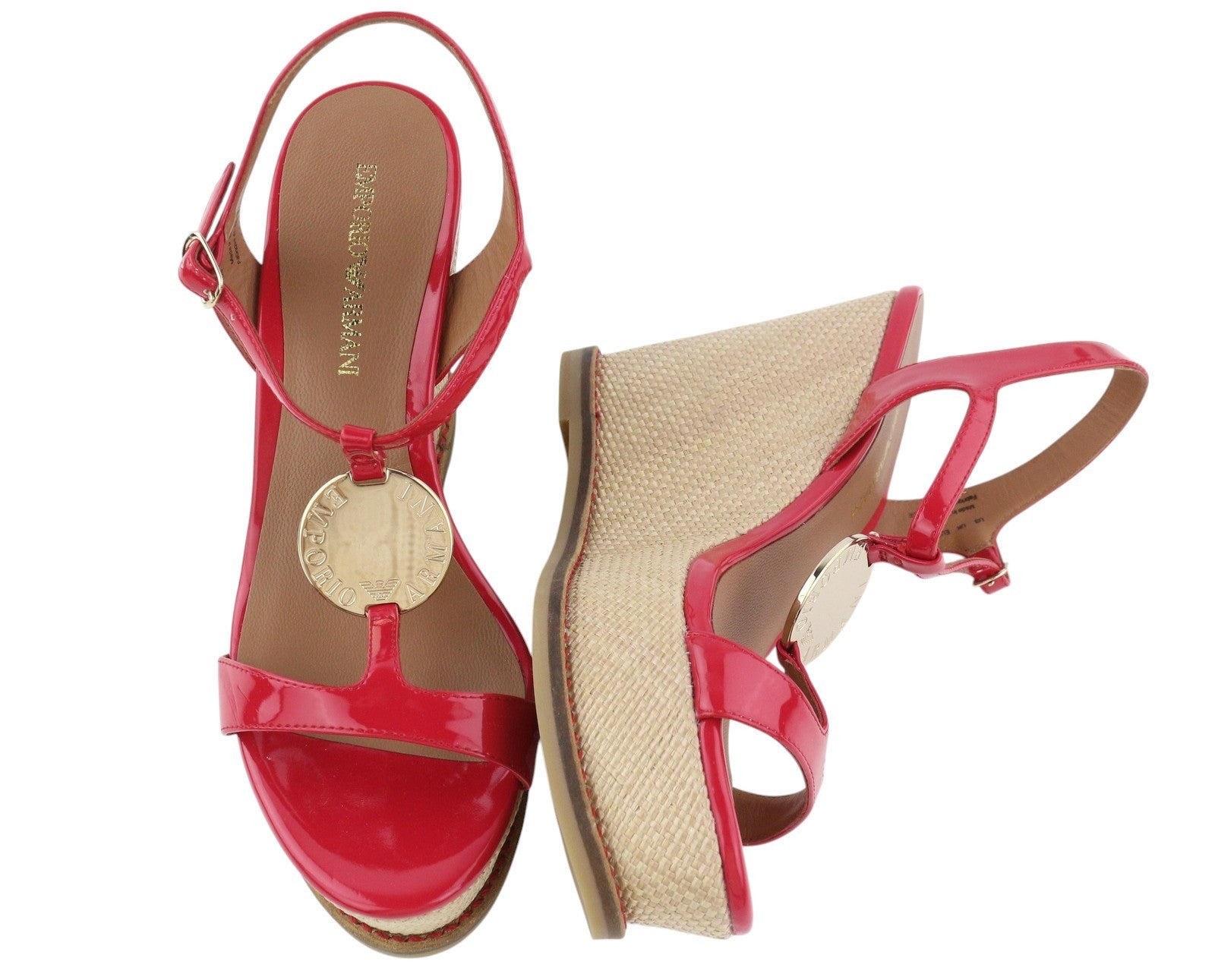 EMPORIO ARMANI X3U067 Women Sandals EU37 Red Patent Leather Wedge Heeled Casual