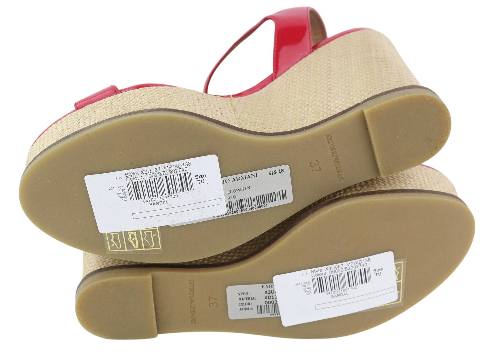 EMPORIO ARMANI X3U067 Women Sandals EU37 Red Patent Leather Wedge Heeled Casual