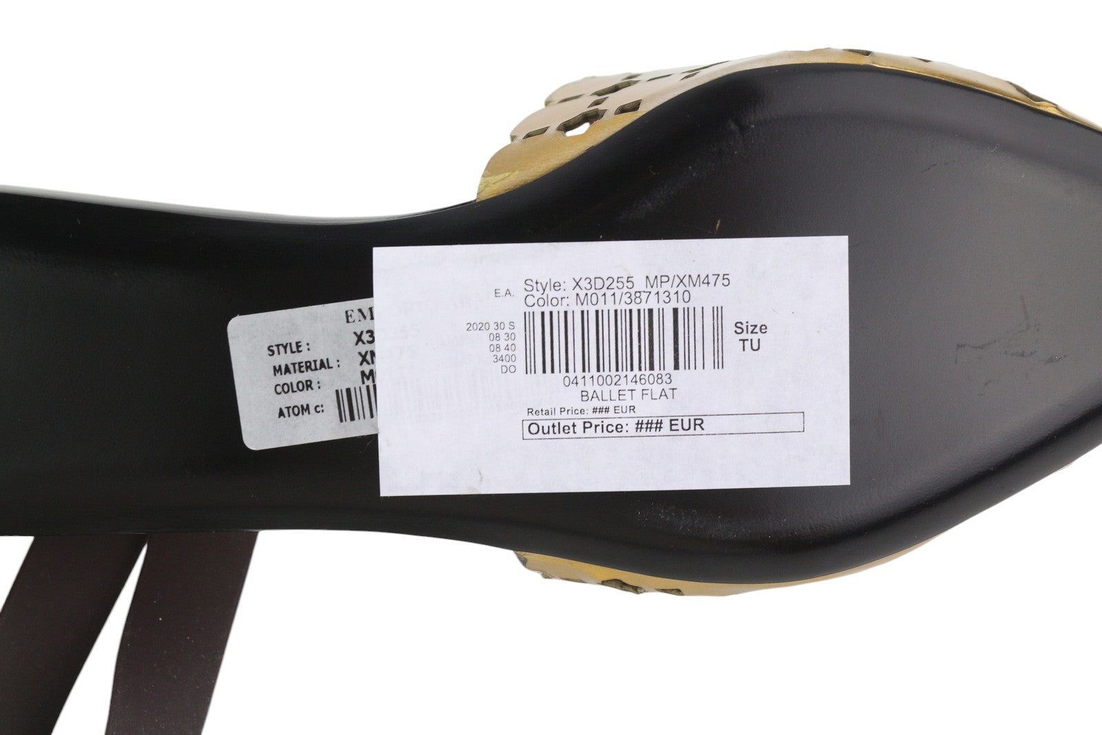 EMPORIO ARMANI X3D255 Women Flats EU37 Shiny Gold Slip On Pointed Toe Casual