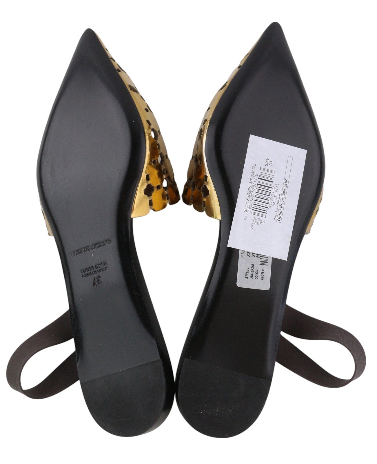 EMPORIO ARMANI X3D255 Women Flats EU37 Shiny Gold Slip On Pointed Toe Casual