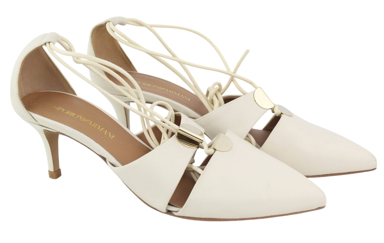 EMPORIO ARMANI Women Heels EU37 White Leather Laced Strappy Pointed Toe Casual