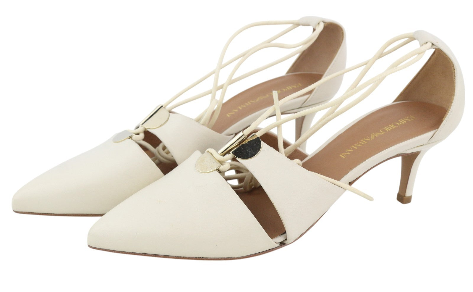 EMPORIO ARMANI Women Heels EU37 White Leather Laced Strappy Pointed Toe Casual