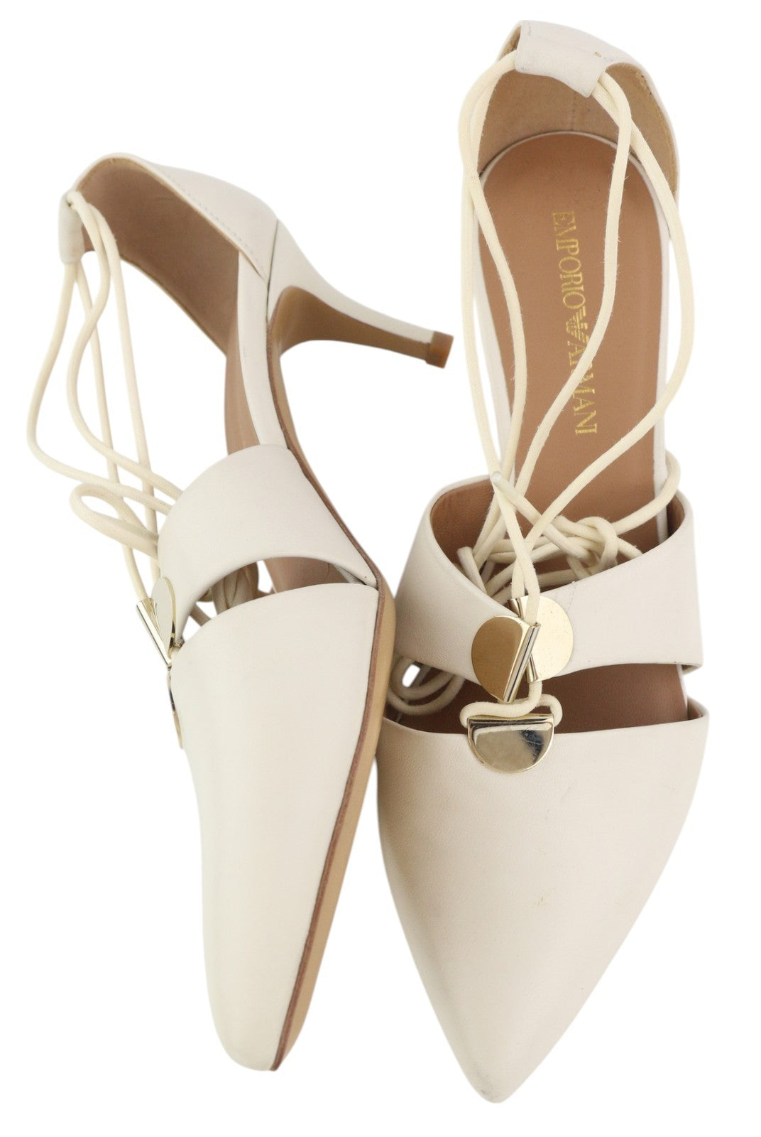 EMPORIO ARMANI Women Heels EU37 White Leather Laced Strappy Pointed Toe Casual